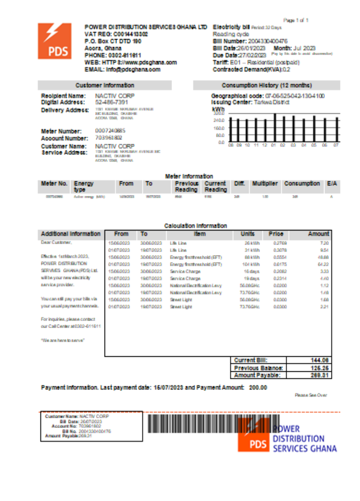 PDS Ghana Limited electricity utility business bill, SCR PSD template